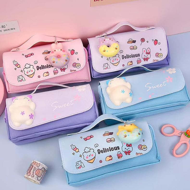 

fth-56 Kartun tas pensil dekompresi/kapasitas besar siswa sekolah dasar tas pensil multifungsi dekompresi/super cute girl heart 3D net red pencil bag Terlaris