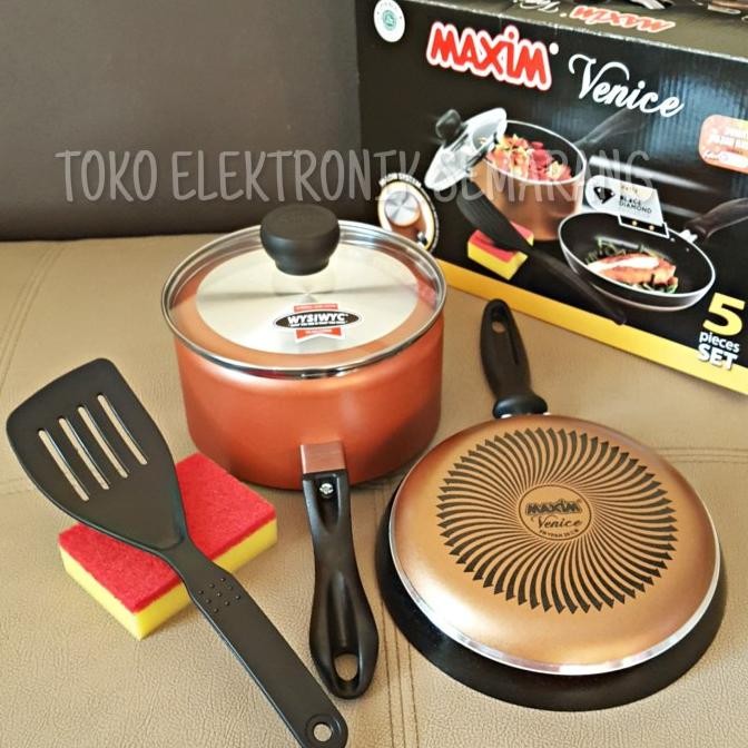 Maxim Venice Set Wajan Panci Penggorengan Teflon Tutup Kaca Spatula
