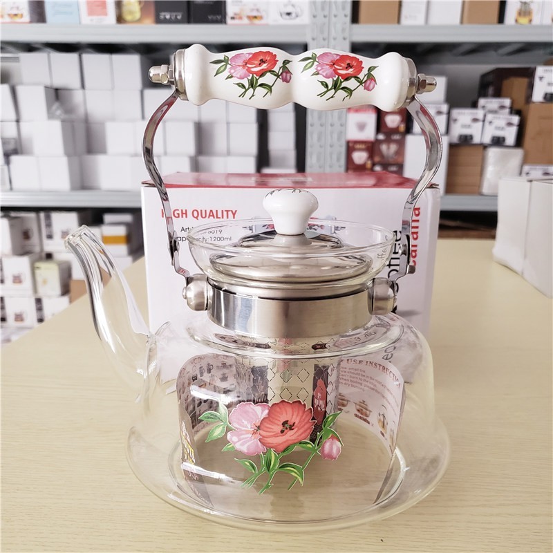 Teko Bunga 1200ml Teko Teh Infuser Kaca Tahan Panas Dengan gagang keramik penyaring/saringan |5BC6CD