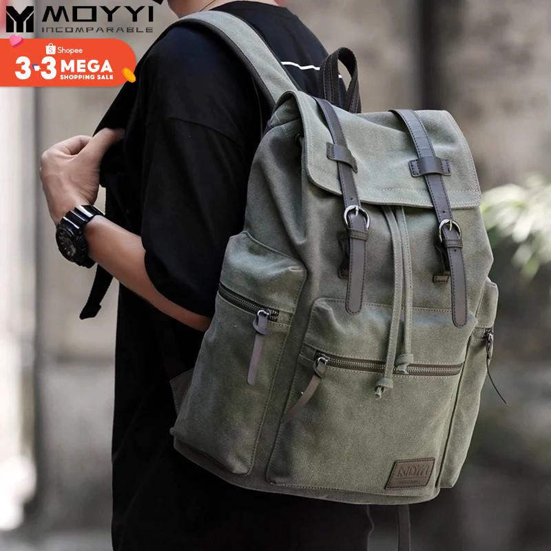 MOYYI Tas Laptop 16 Inci Pria Ransel Kanvas Retro Kapasitas Besar Klasik Tas Travel Uniseks Tas Buku