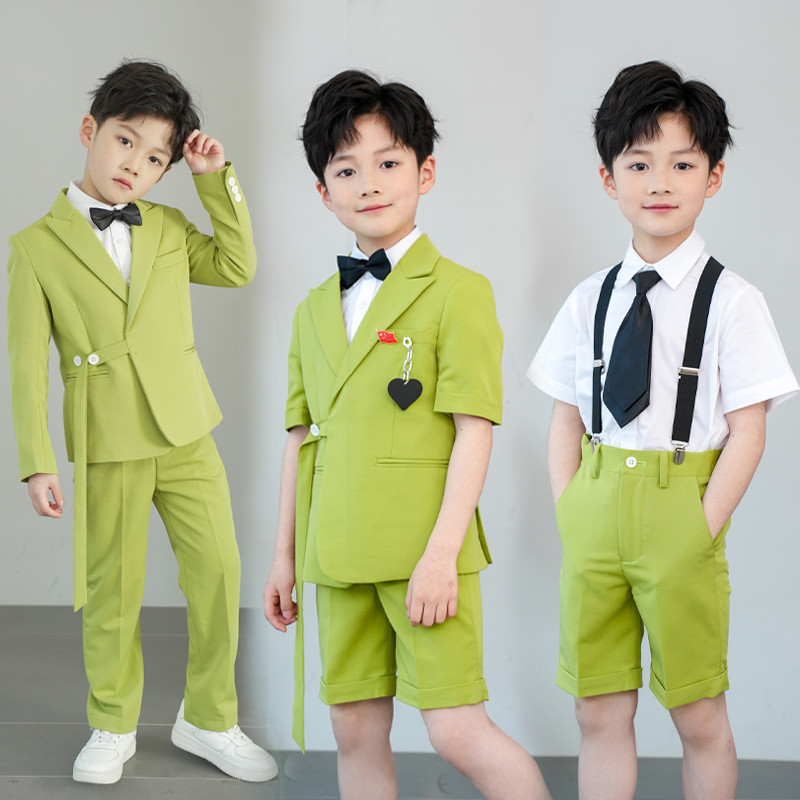 Setelan Formal Anak Laki-laki Celana Blazer Pakaian Dasi Kupu-kupu Set Lengan Pendek Hijau Pakaian P