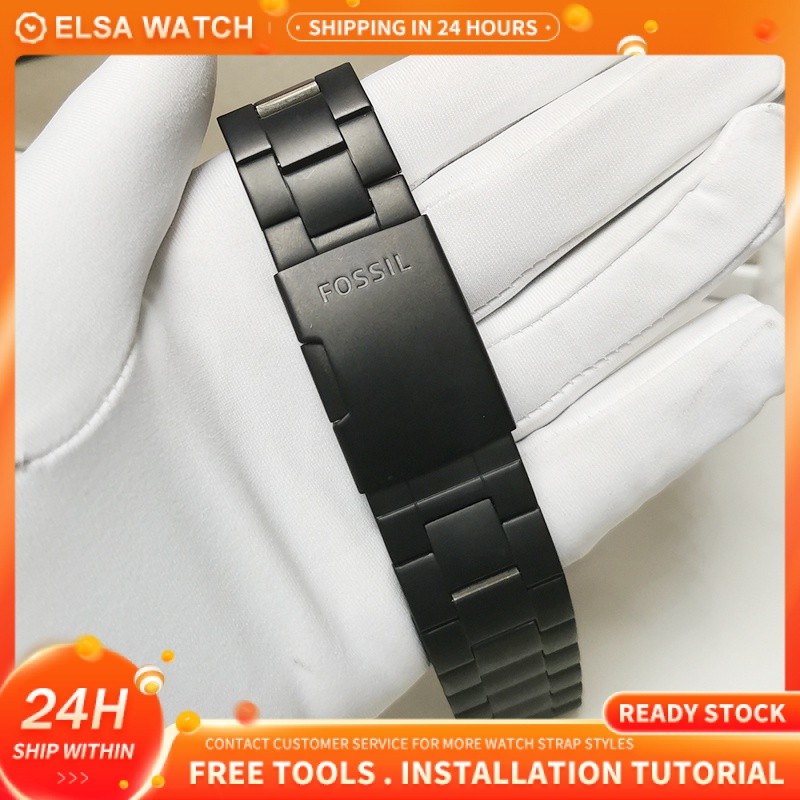 Tali Jam Tangan Stainless Steel FOSSIL 22mm Gesper Kancing Hitam 22mm Model yang cocok FS4656 Fs4682
