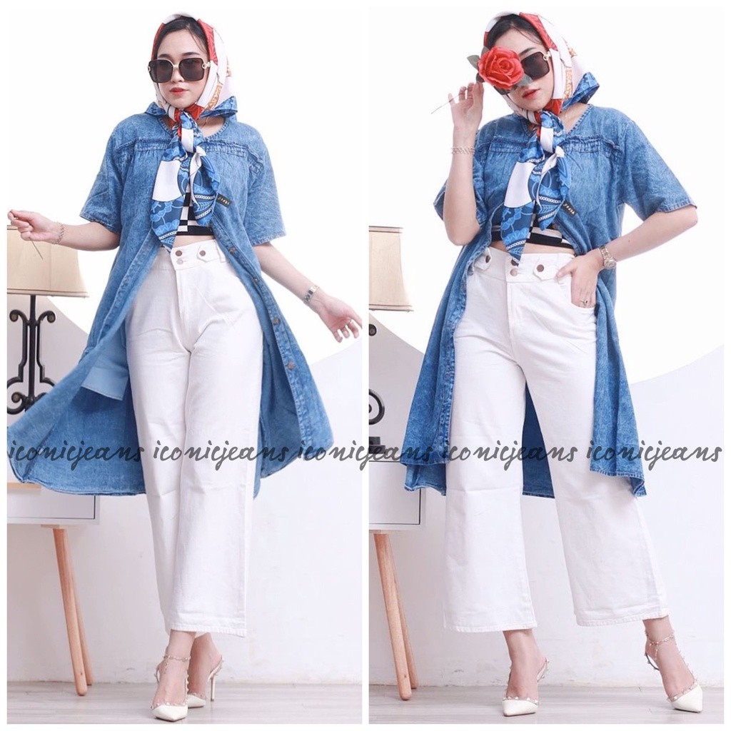 Celana High Waist Boyfriend Kulot Lepvis Cullots Pinggang Karet Jin Model Robek Terbaru 2024 Highwai