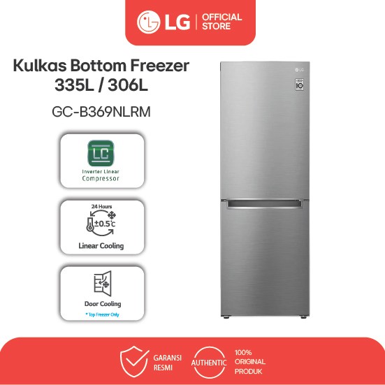 LG Kulkas 2 Pintu Bottom Freezer 335L Gross / 306L Door Cooling dan Smart Inverter Compressor Silver