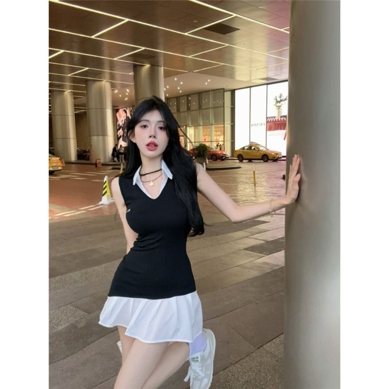 NALII COD Keinginan murni gadis panas kontras jahitan warna palsu dua desain rok kemeja rok wanita n