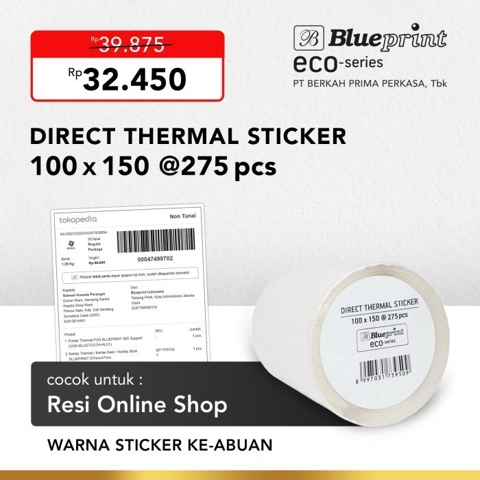 

Terlaris DIRECT THERMAL STICKER LABEL ONLINE BLUEPRINT ECO 100 X 150MM 275pcs SALE