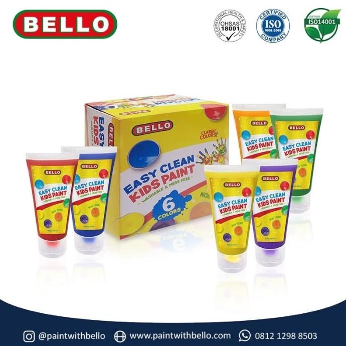 

Bello Easy Clean Kids Paint - Cat Washable Lukis Anak - 1Set: 6X60Ml