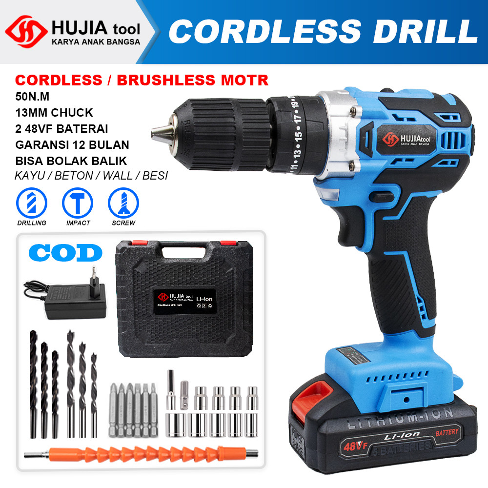 READY HUJIA Mesin Bor baterai 48vf brushless Cordless impact Drill 2 baterai cordless mesin bor set