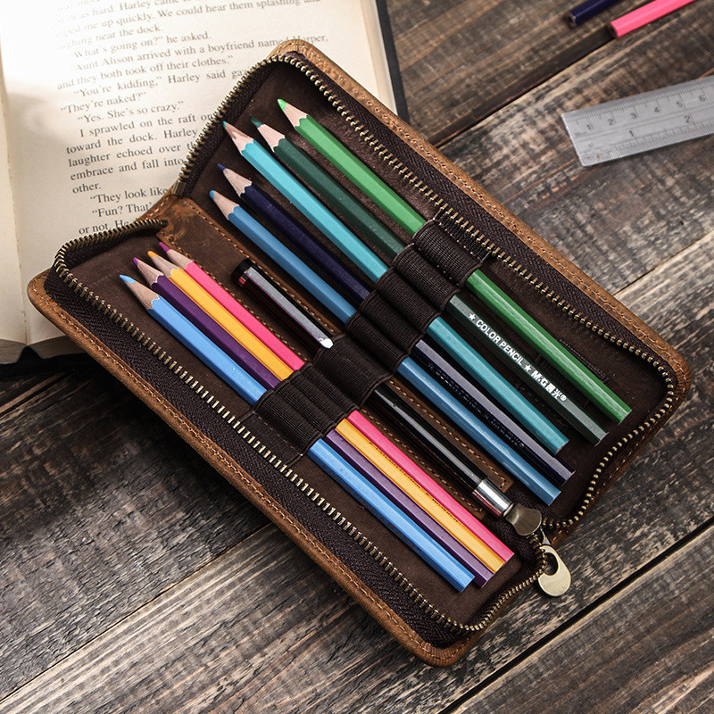 

Retro Crazy Horse Leather Pencil Case Square Painting Color Pencil Pencil Box Creative Zipper Student Stationery Box