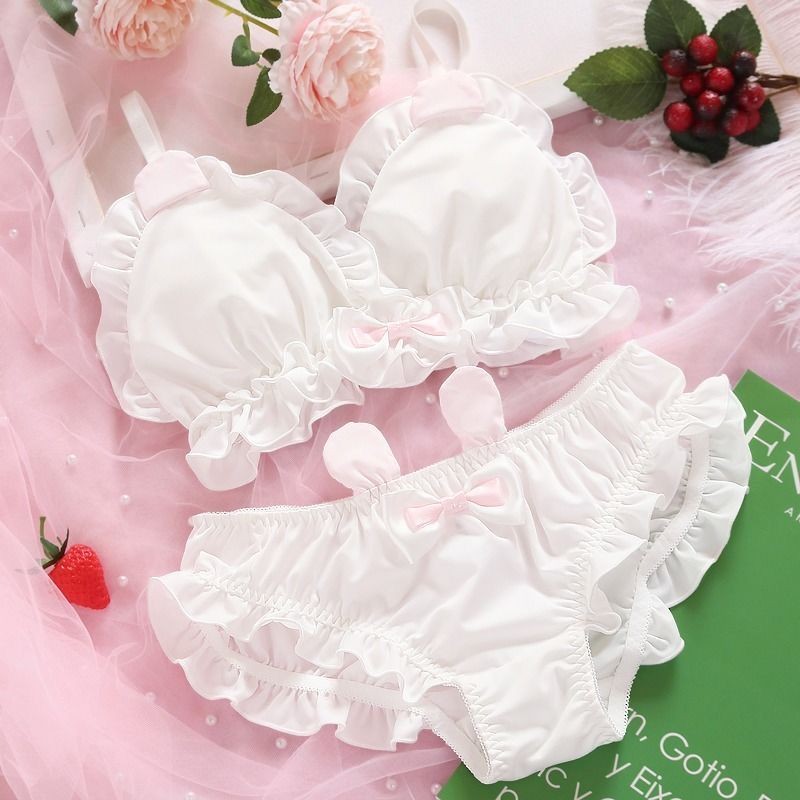 New Sweet Cute Rabbit Ears Underwear Women Girly Lolita Wireless Bra Set