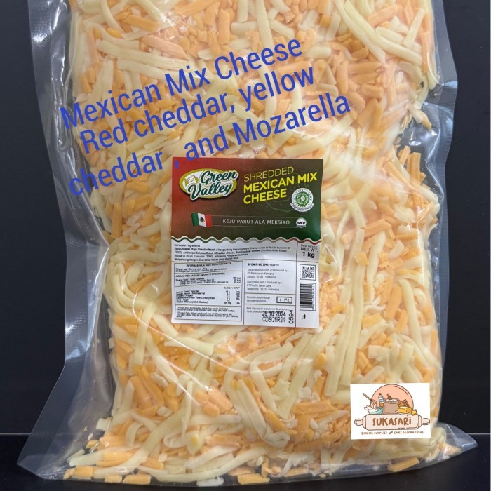 

Green Valley Shredded Mexican Mix Cheese 1kg pack keju Orange yellow Moza mix