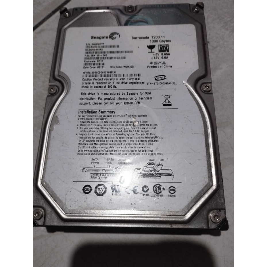 Hardisk PC, Seagate, 1 TB, SATA, 3,5" (rusak)