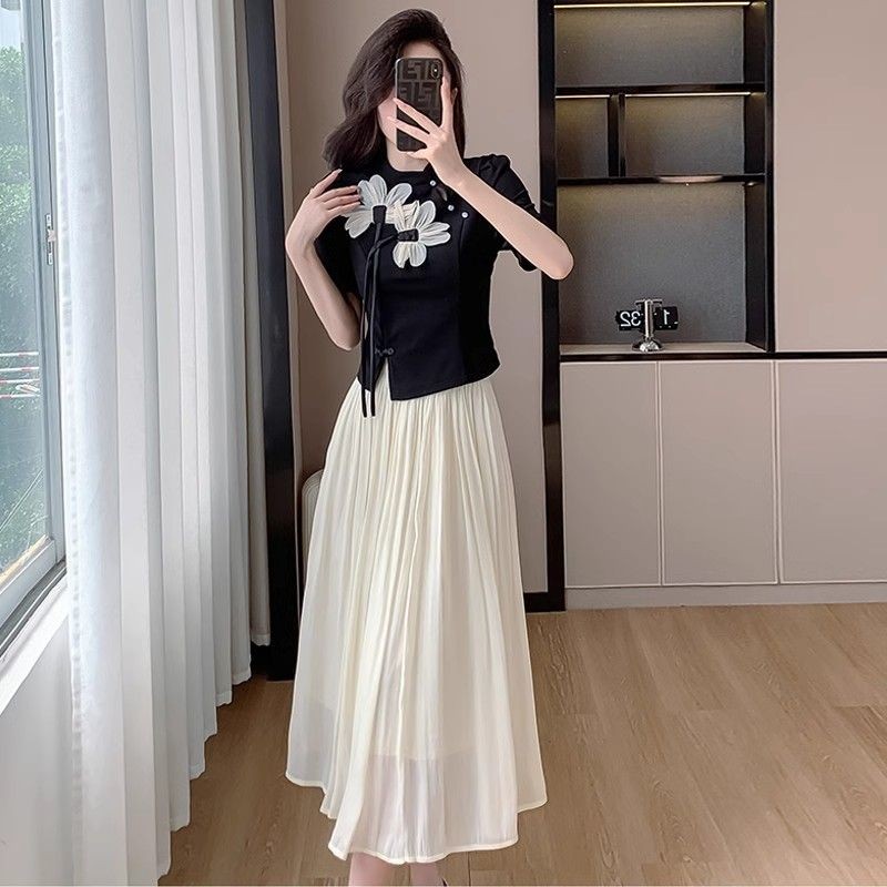 Cheongsam Improved Flower Patchwork Top Gauze Skirt Two-Piece Set