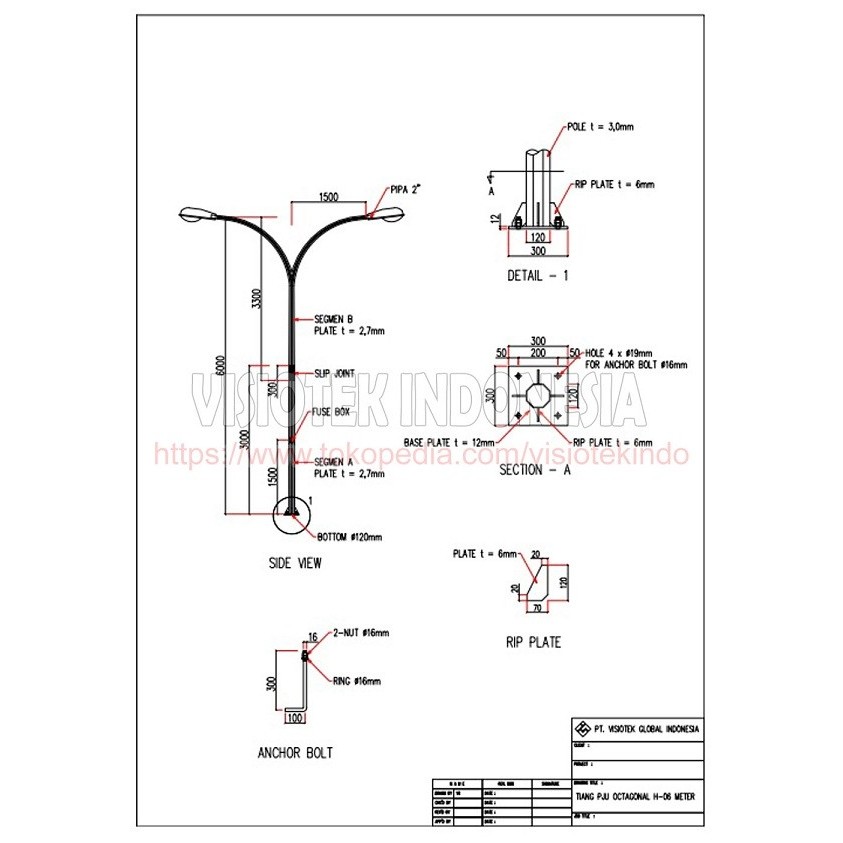 Tiang Lampu PJU Double Arm 6 Meter HD Galvanize Tower Lampu Oktagonal