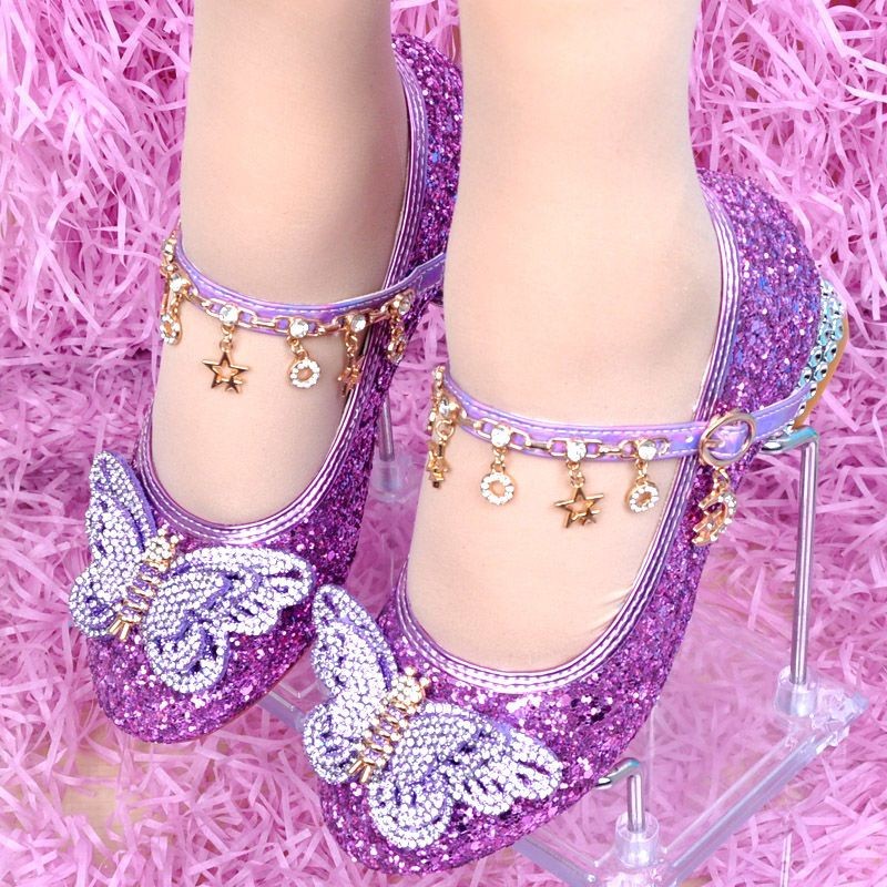 Sepatu kulit anak-anak hak tinggi ungu untuk bayi usia 3-4-5-6-7-8-9-10 tahun Sepatu putri anak-anak