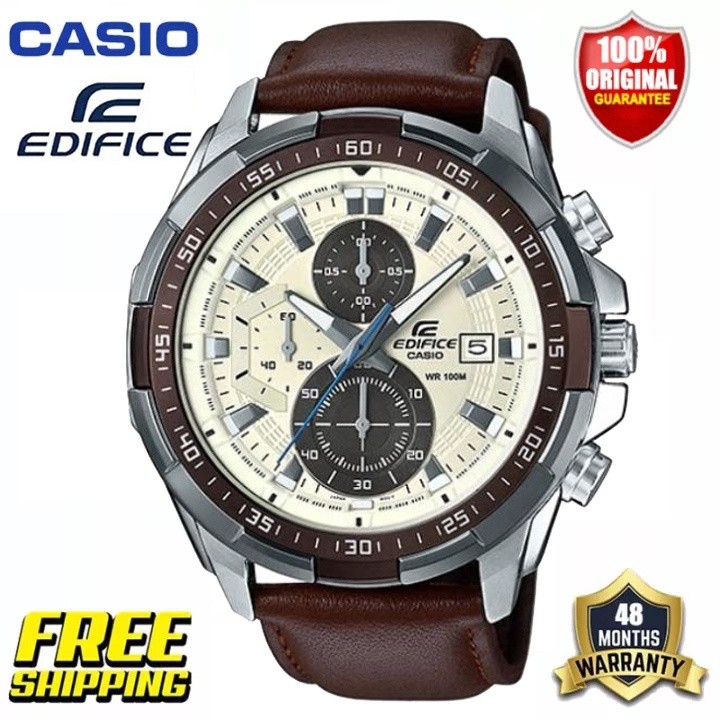 (GARANSI 2 TAHUN) Casio Edifice (EFR-539L-7B) Tali Kulit Jam Tangan Kuarsa 50 Meter |B74BZP0K|