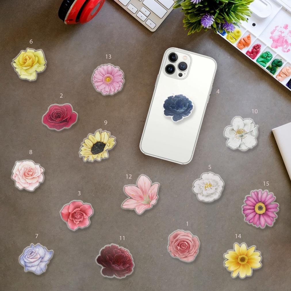 Nld-1419 [Popsocket] Grip Kaca Akrilik 2D Acrylic Bunga Flower Floral Rose Mawar Peony Daisy