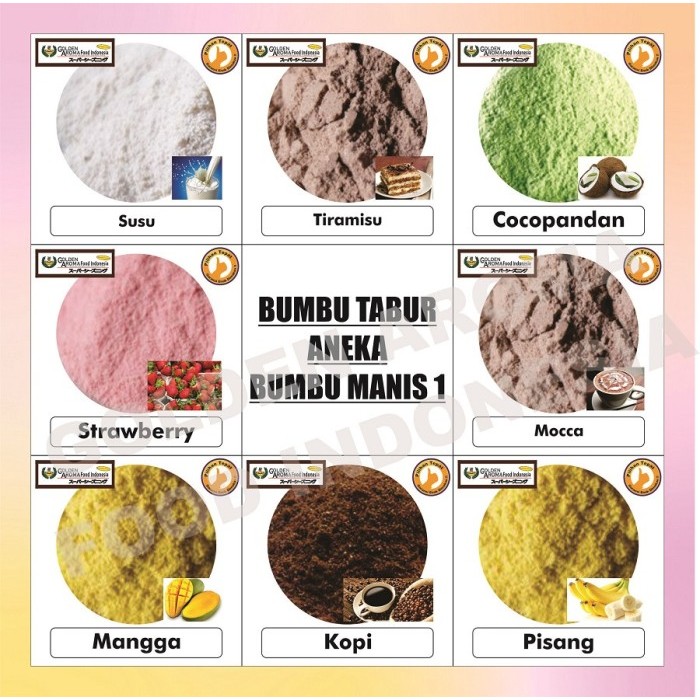 

Lhiu - Bumbu Tabur Manis Bubuk Susu Tiramisu Mocca Pisang Nangka Jeruk Mangga