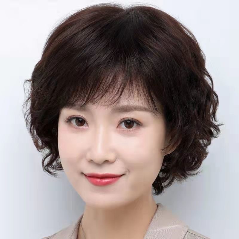 Rambut Palsu Keriting Pendek Wig Wanita Full Kepala Wig Ibu Tua Medium Rambut Pendek Wanita Wig Ibu 