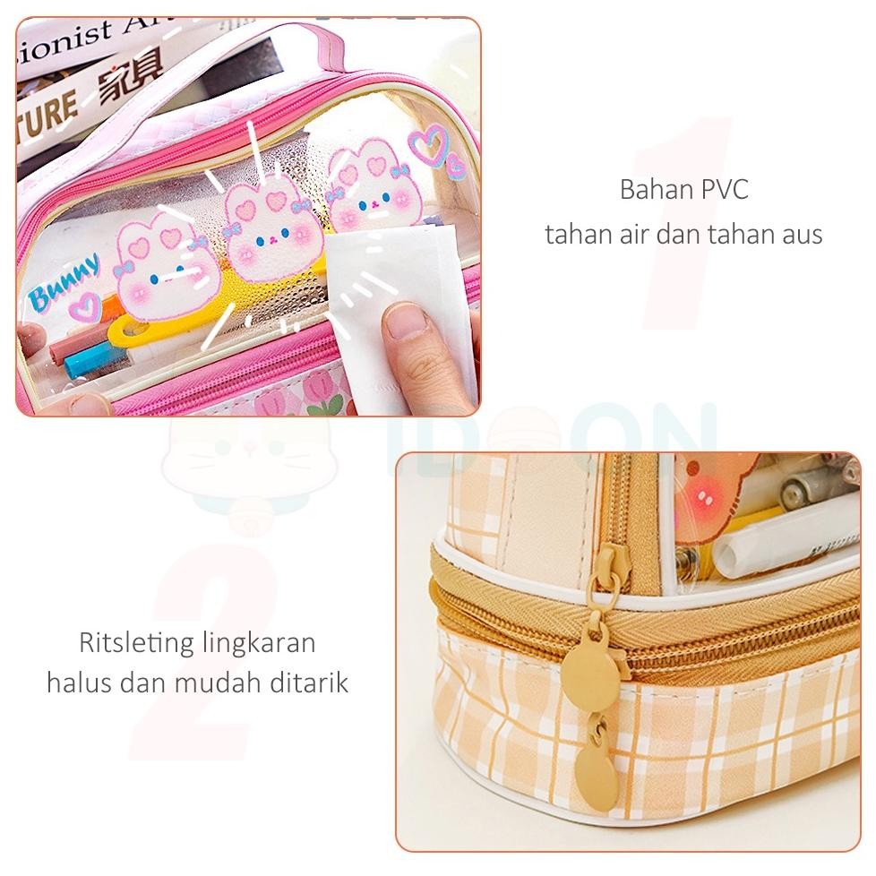 

ew-45 IDOON Pencil Case Transparan Korea Tempat Pensil Besar Dua Lapis Kotak Pensil Tempat Pola Hewan Lucu Termurah