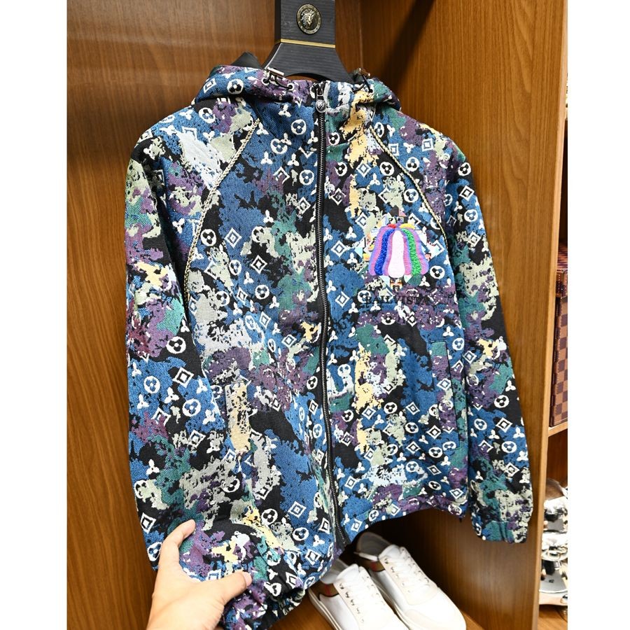 Jaket Tebal Musim Gugur, Jaket Pria Hoodie, Jaket Mewah Ringan, Motif Bunga, Slim-Fit, Merek Mode, P