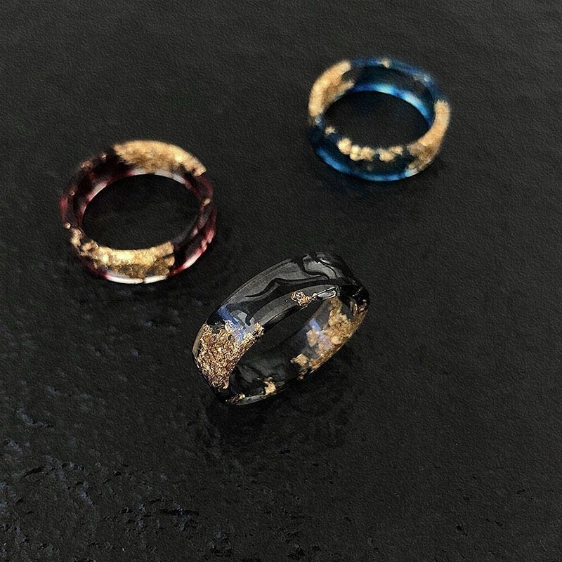Cincin Tinta Warna Pasangan Resin Foil Emas Cincin Rasa Keren Asli TJLX