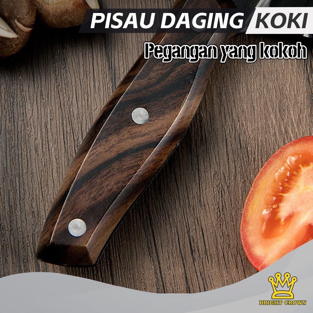 COD TERMURAH Bright Crown Set Pisau Koki Dapur Super Tajam Stainless Gagang Kayu / Golok Cacah Dagin