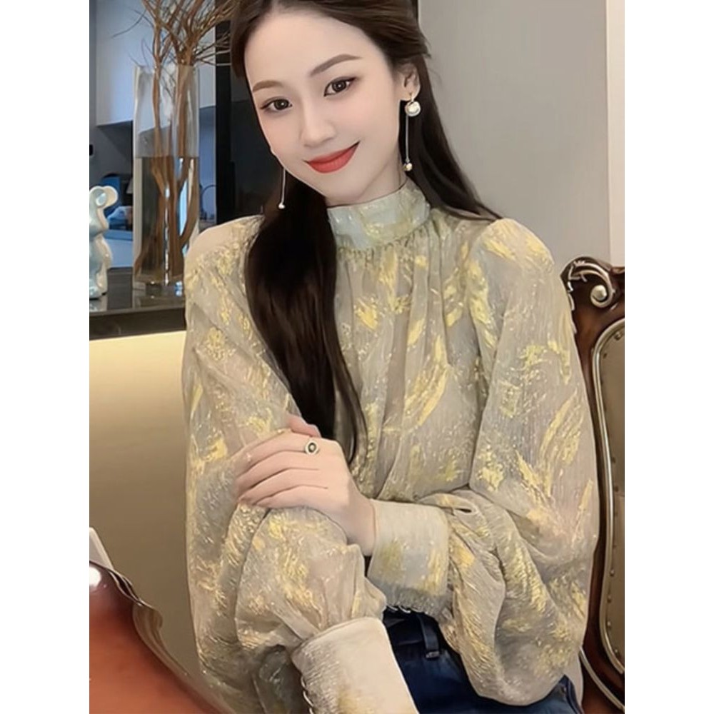 Kemeja Longgar Kerah Tinggi Aprikot Bermutu Tinggi Wanita