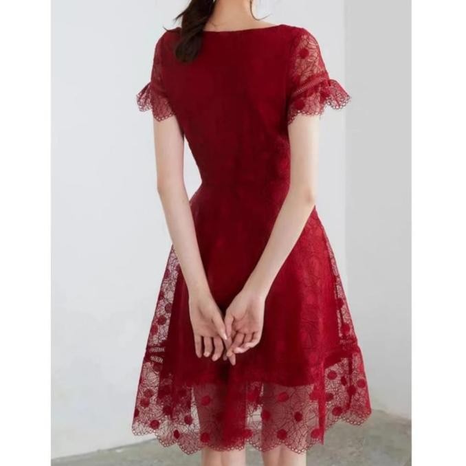 TANSY FLARE DRESS RED MERAH IMPORT MIDI BRUKAT WANITA GAUN KOREA DRES H85S