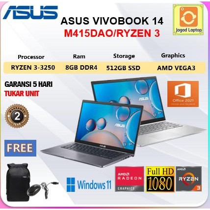 Menarik  Asus Vivobook M415Dao Ryzen 3 3250 8Gb 512Ssd Vega3 W11+Ohs Fhd