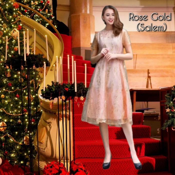 DISKON baju pesta wanita brukat silva gaun natal korea blouse dress rose gold