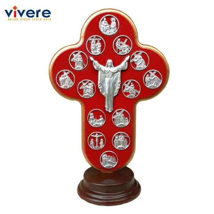 """] Salib Yesus Naik ke Surga dan Jalan Salib Merah 29 cm Duduk