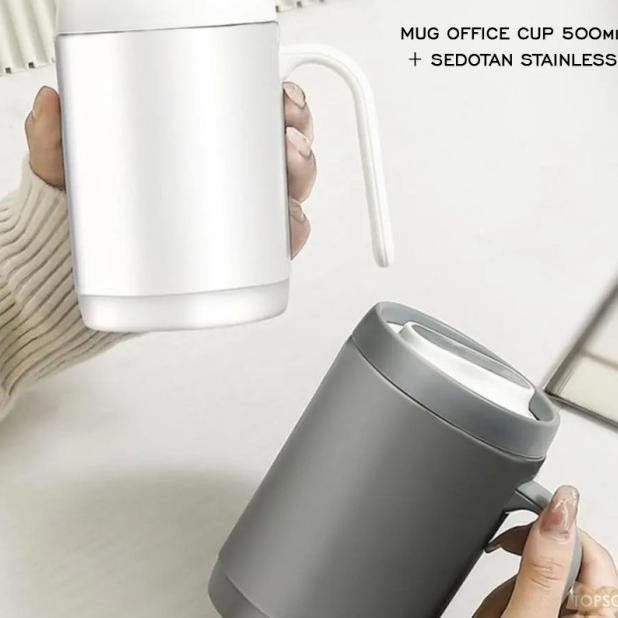 Mug Office Cup 500Ml + Sedotan Tumbler Straw Gelas Plastik Putih Abu