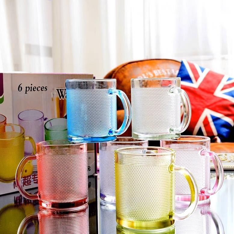 Gelas Kaca 6 Set Warna Warni Glassware Gagang Manik Pelangi / Gelas Kaca Tebal Set Warna