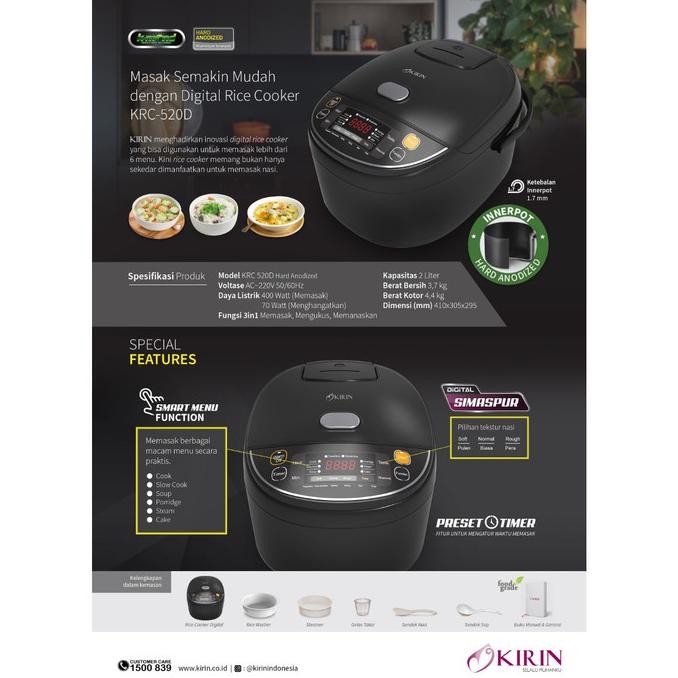  Rice Cooker Digital Magic Com Panci Stainless Kirin 2 Liter