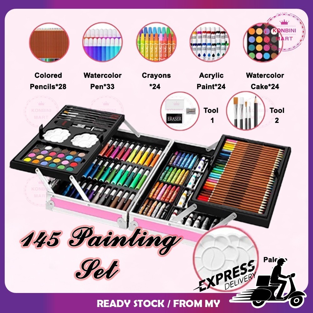 

145 PCS/BOX Perlengkapan Seni Lukis Cat Air Anak-anak Set Papan Gambar Alat Tulis Set Krayon Warna Pensel Warna |akKoDb8u|