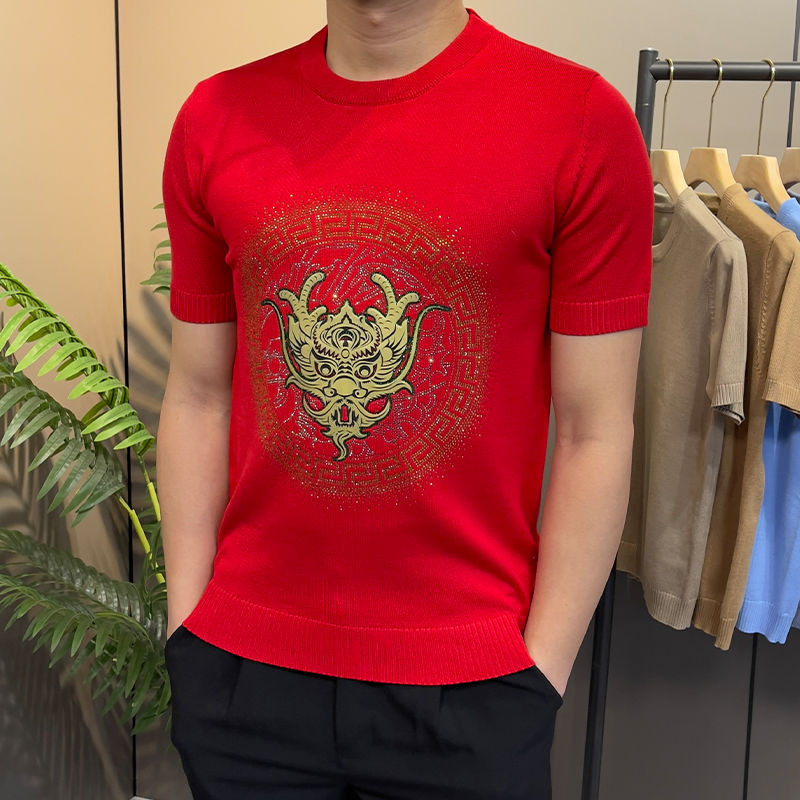 Pakaian Rajut Pria Lengan Pendek, Pakaian Rajut Pria Lengan Pendek Berlian Imitasi Ukuran Plus