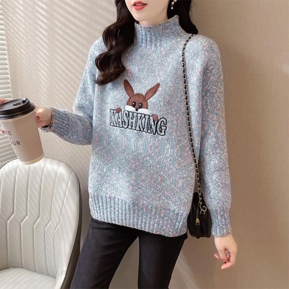 Women's Loose Thick Chenille Half Turtleneck Embroidered Knitted Sweater