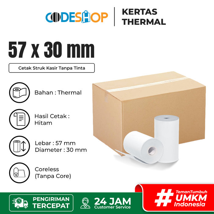 

1 Dus Kertas Termal 57X30 / 58X30Mm Cetak Hitam Struk Kasir Coreless Promo