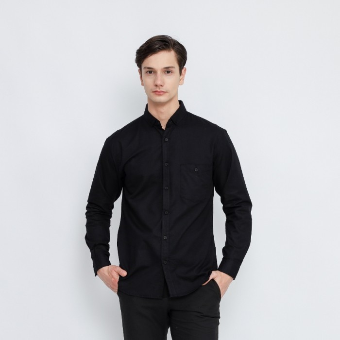 Kemeja Polos Flanel Lengan Panjang Pria Premium Quality Warna Hitam