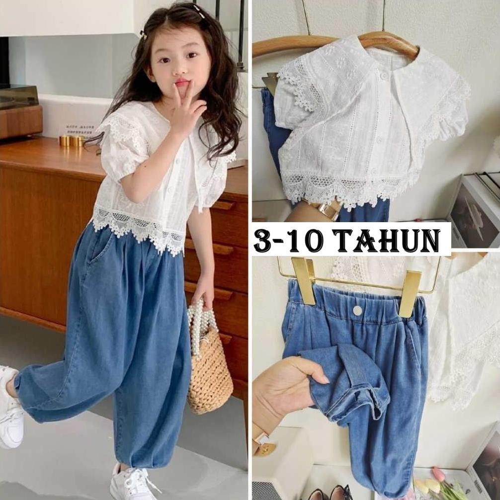 SSP23-Setelan Set Anak Perempuan Blouse Katun Putih Renda + Celana Panjang Jeans Kulot