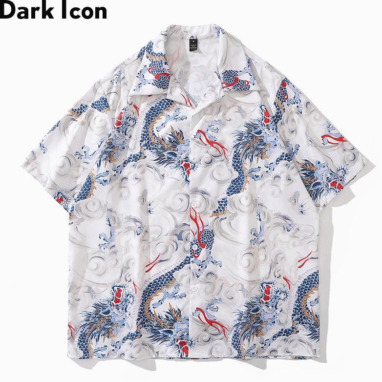Kemeja Pria Lengan Pendek Full Print Dark Icon Vintage Pria Dragon Shirt Thin Material Street Shirts