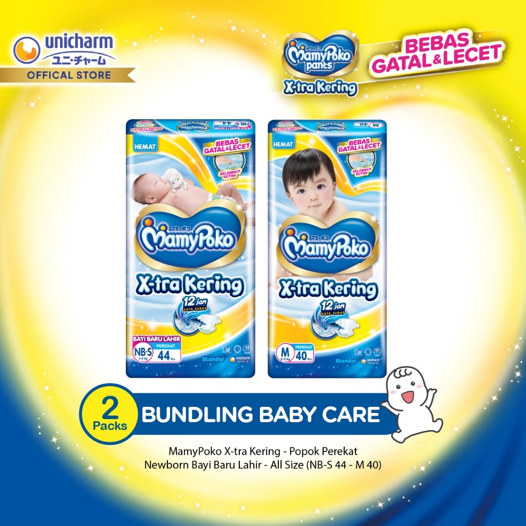 MamyPoko X-tra Kering - Popok Perekat Newborn Bayi Baru Lahir - All Size (NB-S 44 - M 40) - 2 Pack -
