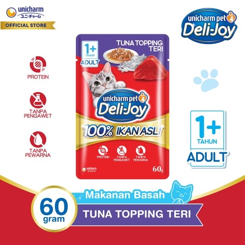 Deli-Joy Makanan Kucing Basah Pouch Adult Tuna Topping Teri 60g