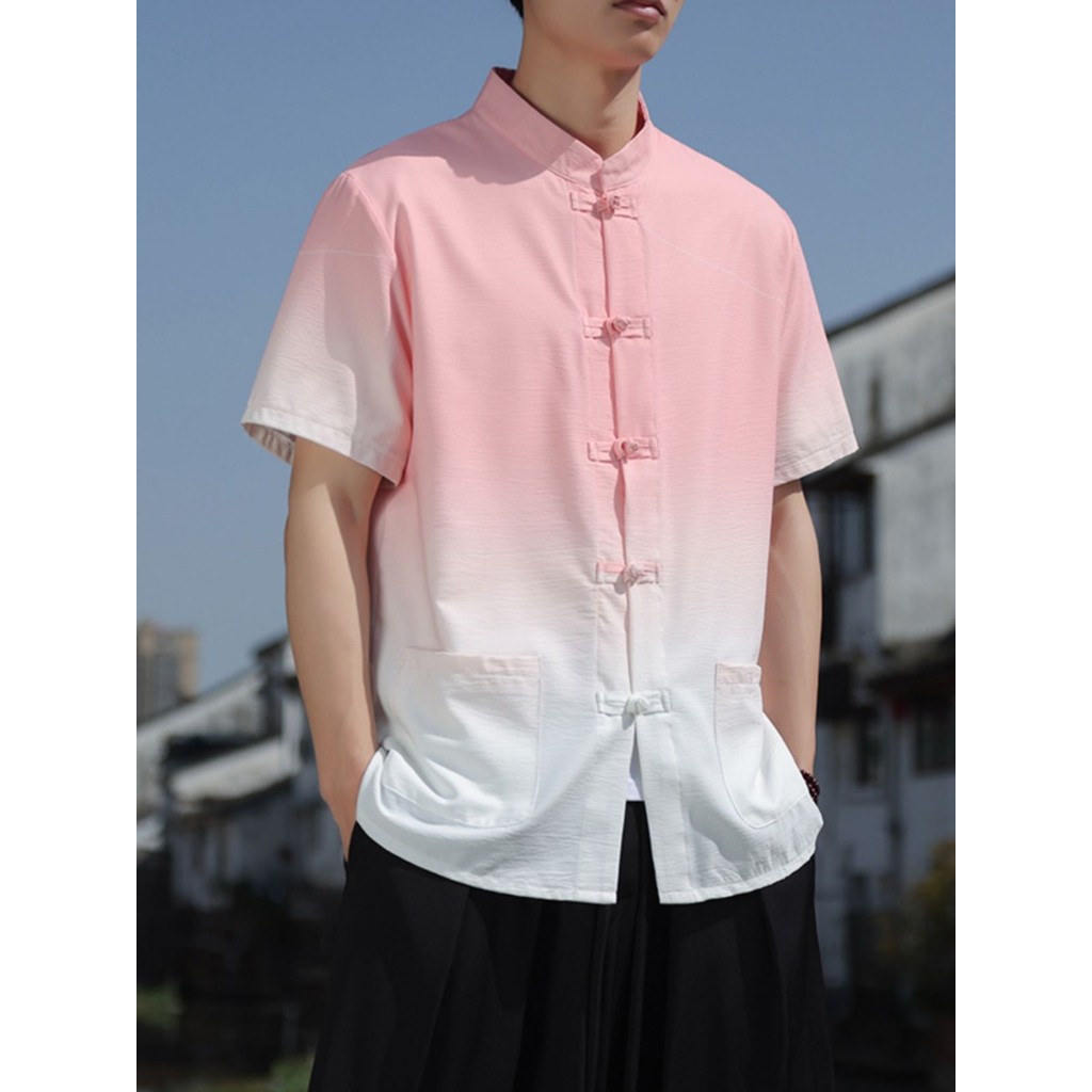 Jaket Kostum Katak Gesper China, Baju Lengan Pendek, Gaya China, Baju Sutra Es, Warna Gradien, Musim