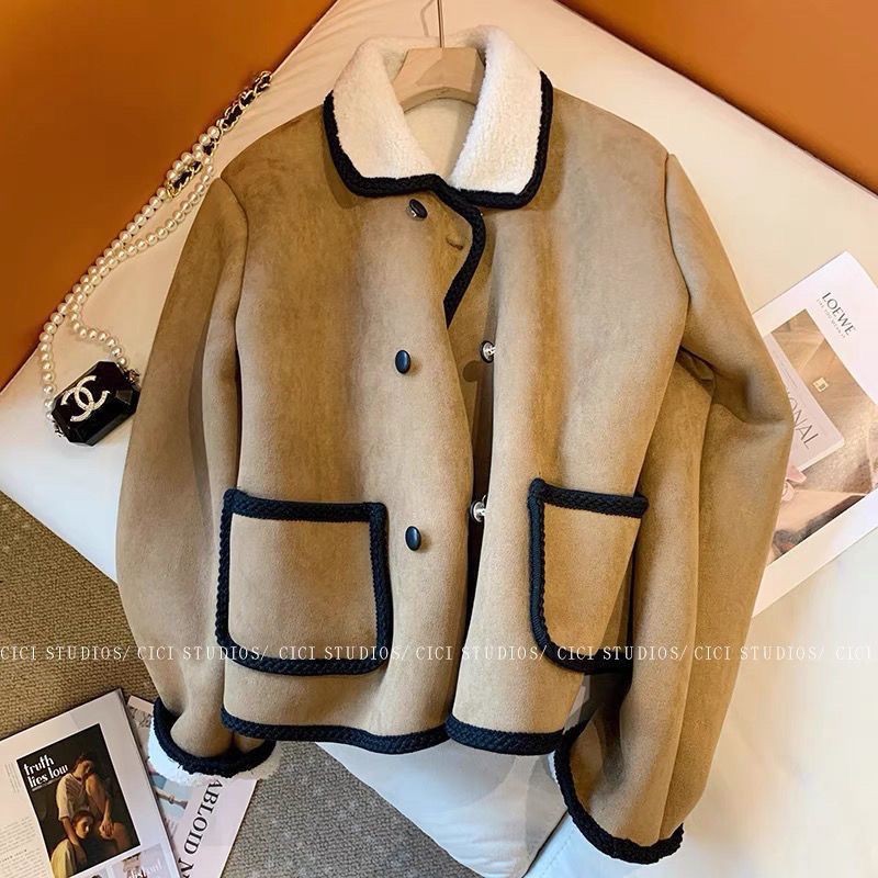Women's All-Match Suede Coat Fur Integrated Lamb Coat Stand Collar Chanel Style Top