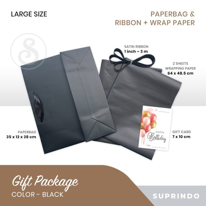 Gift Set Paper Bag Besar + Kertas Kado + Pita + Kartu Ucapan (Hitam) Stok Terbatas