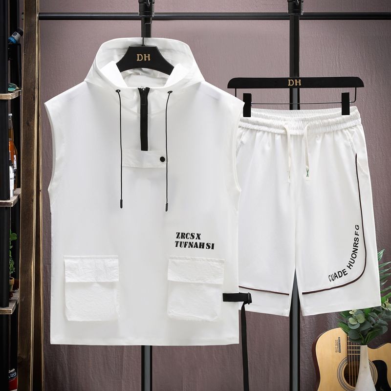 Baju Olahraga Pria Bertudung, Tren Kasual Tanpa Lengan Musim Panas T Baju Basket Rompi Pendek T-shir