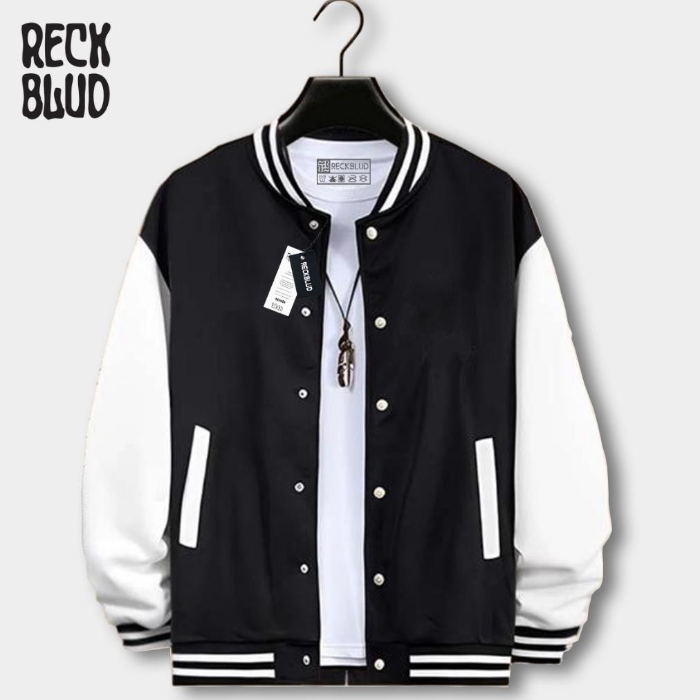 Jaket Pria Bomber Varsity Baseball Kancing Polos Keren Unisex Hitam Putih Jacket Boomber Kekinian Ja