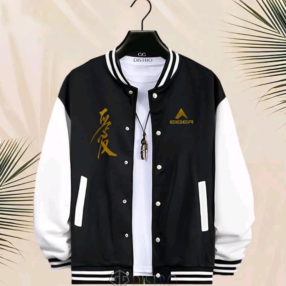 Jaket Varsity Modern Keren Jacket Unisex Baseball Kancing Jacket Mager Text Gold Jepang Bekan Jacket